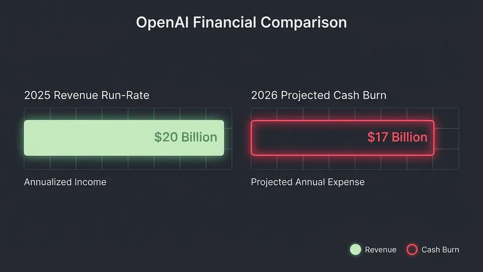 Bar chart comparing OpenAI's 2025 $20 Billion Revenue Run-Rate against their 2026 $17 Billion Projected Cash Burn. Dark financial dashboard theme, neon red for cash burn, pale green for revenue.