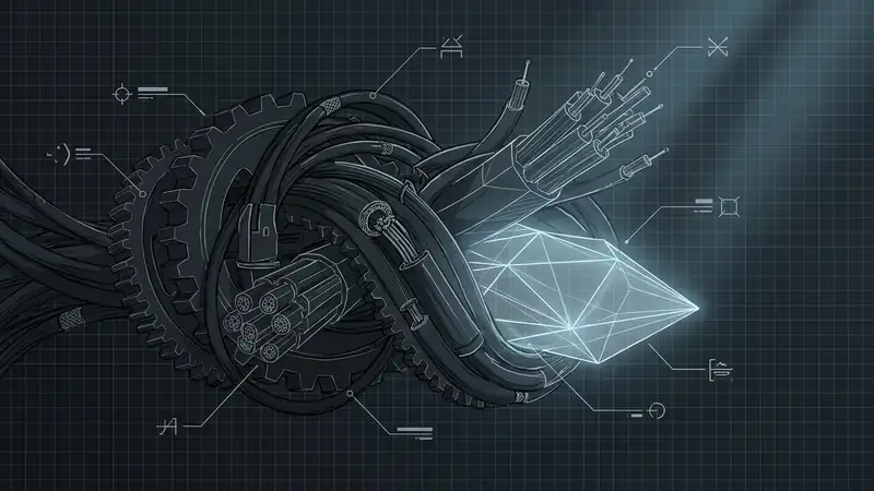 Dark, complex industrial gears and tangled fiber optic wires crushing a glowing crystal, highly conceptual, representing bloated systems and technical debt in digital architecture.