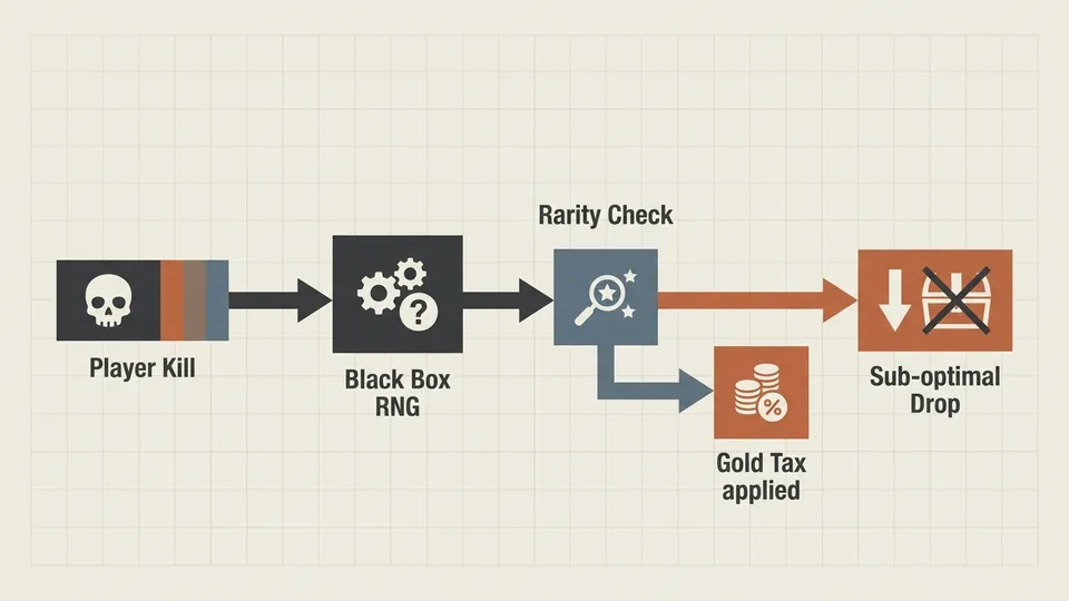 Flow chart, brutalist technical manual style. Text labels: 'Player Kill' -> 'Black Box RNG' -> 'Rarity Check' -> 'Gold Tax applied' -> 'Sub-optimal Drop'.