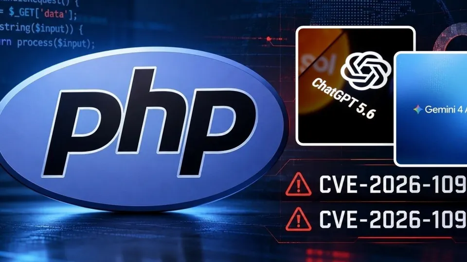 Graphic representing the intersection of legacy PHP code vulnerabilities and AI-driven security exploits.