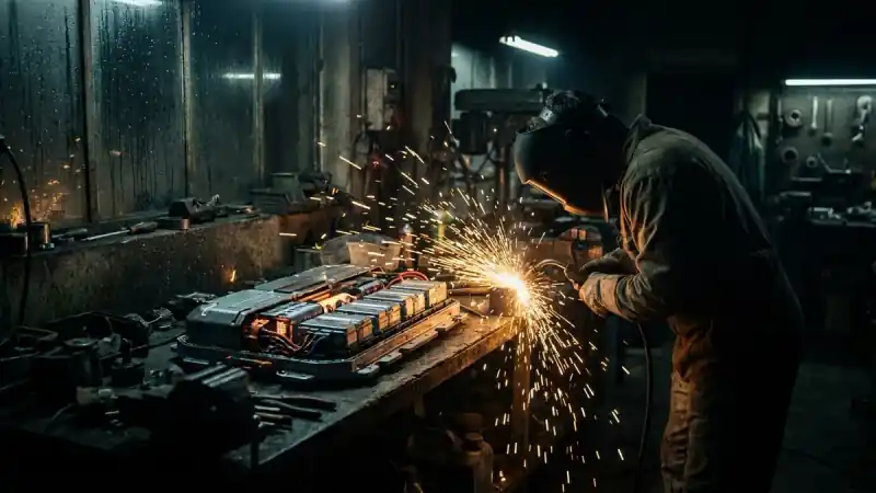 A gritty, dark workshop setting with a disassembled futuristic battery pack on a workbench, sparks flying from a soldering iron, cinematic lighting, industrial aesthetic.