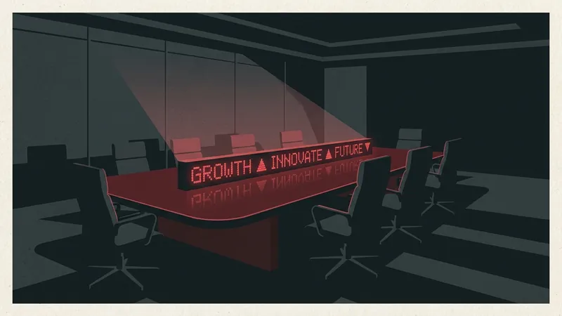 A sleek, minimalist corporate boardroom with a glowing red stock ticker reflecting off a polished mahogany table, surrounded by empty ergonomic office chairs in a dark room.