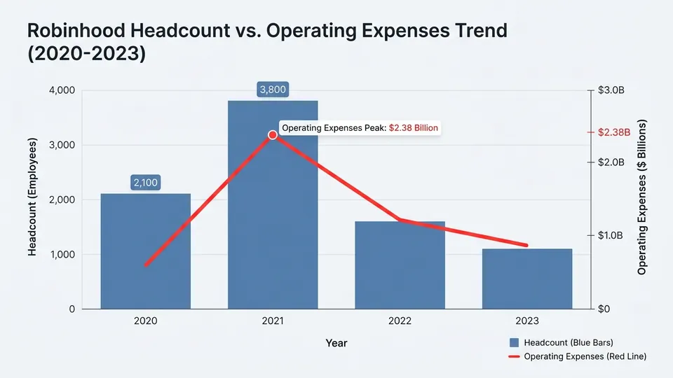 Clinical bar chart showing Robinhood headcount explosion from 2,100 in 2020 to 3,800 in 2021, followed by steep declines in 2022 and 2023, overlaid with a bright red trend line representing operating expenses peaking at $2.38 billion.