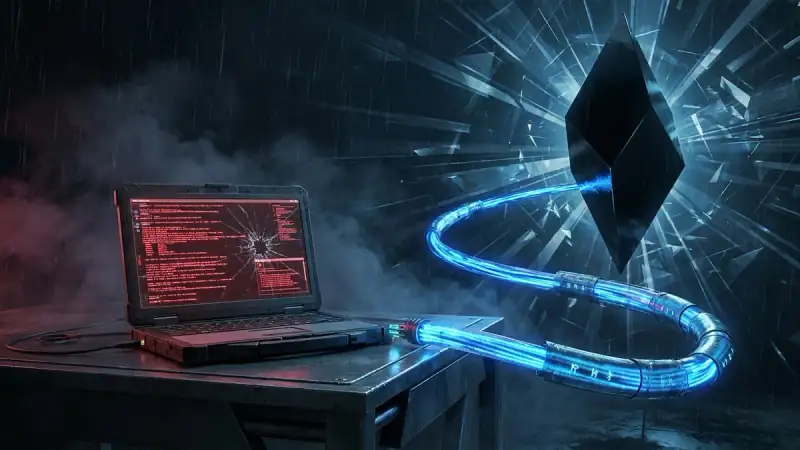 A dark, gritty cinematic shot of a laptop screen showing red code glitches, connected by a glowing blue encrypted cable to a floating obsidian monolith in a digital void, hyper-realistic, cyberpunk aesthetic.