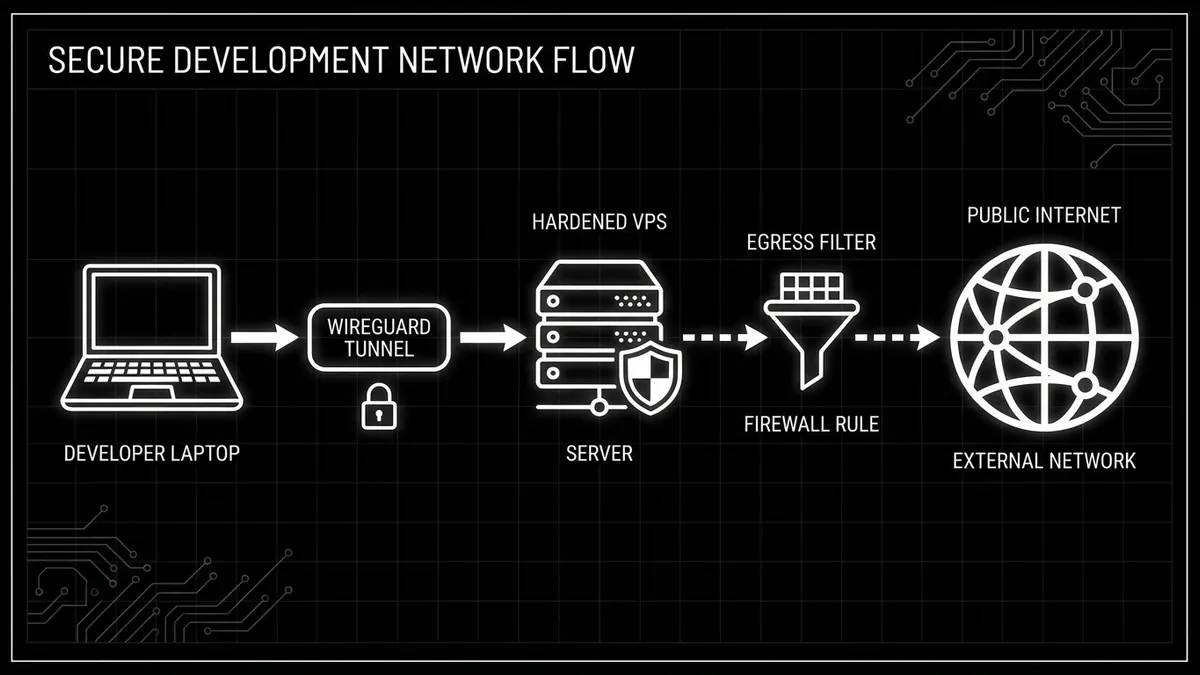 Flow chart showing a developer laptop connecting to a WireGuard Tunnel, which connects to a Hardened VPS, which then passes through an Egress Filter before reaching the Public Internet. Style: Technical blueprint, white on black.