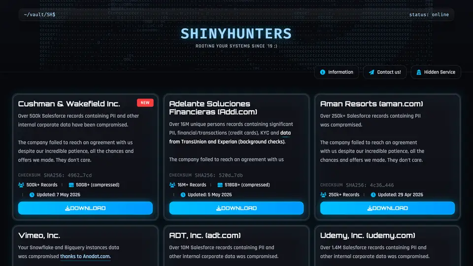 A screenshot of the ShinyHunters cybercriminal group's data leak portal.