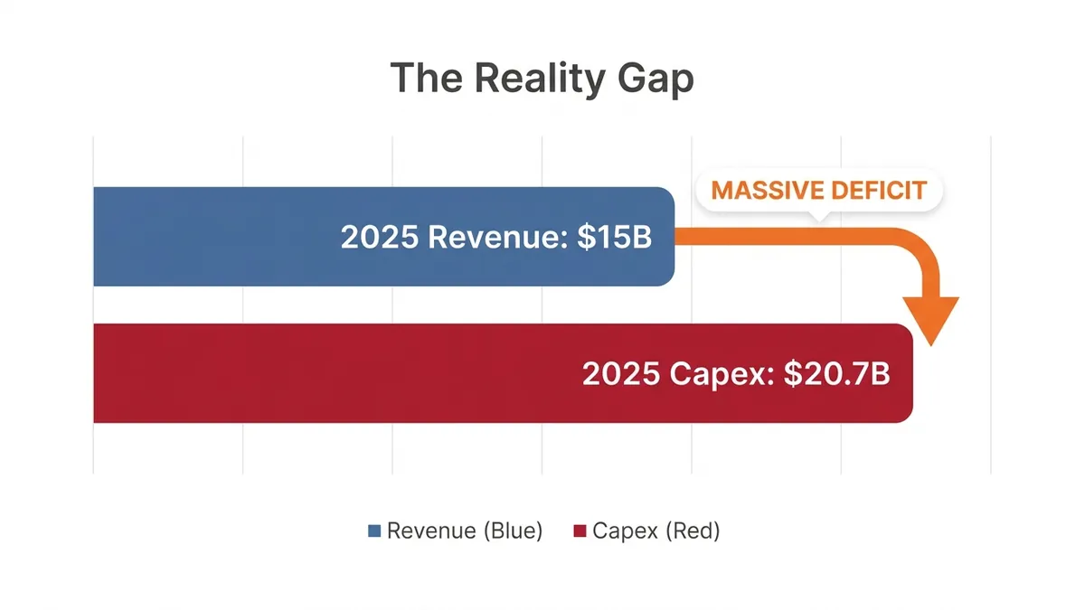 Bar chart comparing 2025 Revenue ($15B) against 2025 Capex ($20.7B), showing the massive deficit, labeled 'The Reality Gap'.