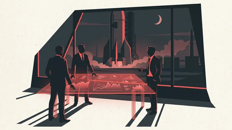 A dramatic, high-contrast corporate boardroom overlooking a massive rocket launch pad. Men in sharp suits are looking at glowing red financial spreadsheets on a glass table. Cyberpunk corporate aesthetic, cynical mood.