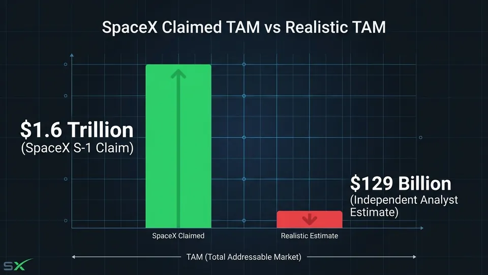 A clinical bar chart comparing 'SpaceX Claimed TAM' vs 'Realistic TAM'. The left bar is massive, colored bright green, labeled '$1.6 Trillion (SpaceX S-1 Claim)'. The right bar is tiny, colored red, labeled '$129 Billion (Independent Analyst Estimate)'. The background is a dark, grid-lined financial terminal style.