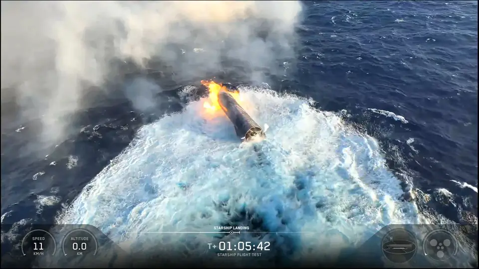 A SpaceX Starship vehicle touches down in the ocean during a high-altitude flight test.