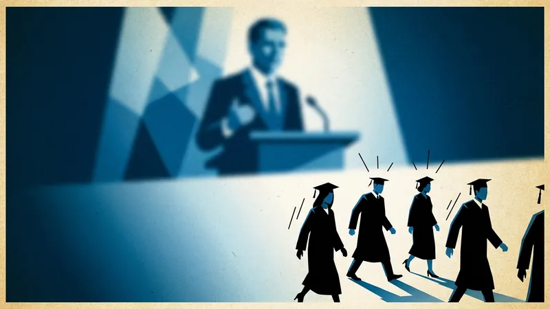 Cinematic, high-contrast photography of a corporate executive at a wooden podium, completely out of focus, while the foreground shows sharp, clear silhouettes of graduating students in caps and gowns walking away in protest. Cold, sterile lighting.