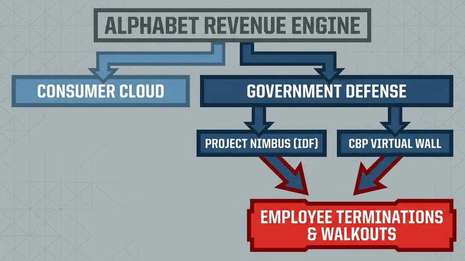 Flow chart, corporate brutalist design style. EXACT TEXT LABELS: Top node: 'Alphabet Revenue Engine'. Branching to two nodes: 'Consumer Cloud' and 'Government Defense'. 'Government Defense' branches to 'Project Nimbus (IDF)' and 'CBP Virtual Wall'. Arrows pointing from defense nodes to a red box labeled 'Employee Terminations & Walkouts'.