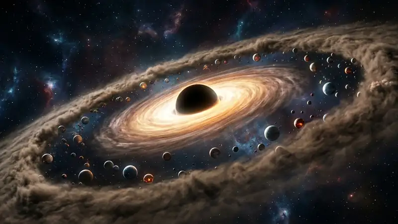 A hyper-realistic, dramatic rendering of a supermassive black hole with a glowing accretion disk. Within the massive, dusty outer donut (torus), thousands of tiny, newly formed planets are visible, catching the harsh light. Cinematic lighting, deep space, sci-fi aesthetic.