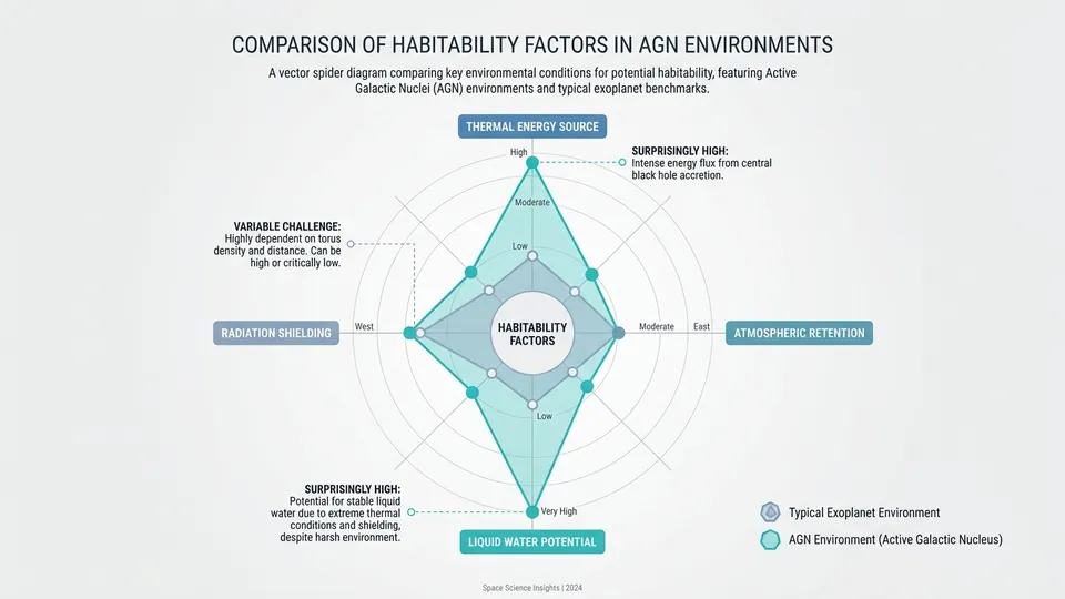 Spider diagram comparing habitability factors. Nodes include: Thermal Energy Source, Radiation Shielding, Atmospheric Retention, Liquid Water Potential. The AGN environment scores surprisingly high on Thermal Energy and Water Potential, though Radiation Shielding remains a variable challenge depending on torus density.