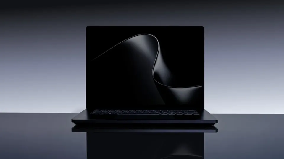 A premium, minimalist laptop presented on a reflective dark surface.