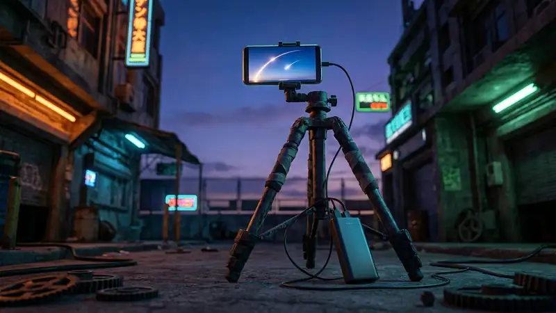 A highly conceptual, dramatic low-angle shot of a glowing smartphone mounted on a rugged tripod pointing at a twilight sky, where a faint 30-day time-lapse arc of two bright planets converging is visible. Cyberpunk aesthetic, neon twilight colors, gritty.