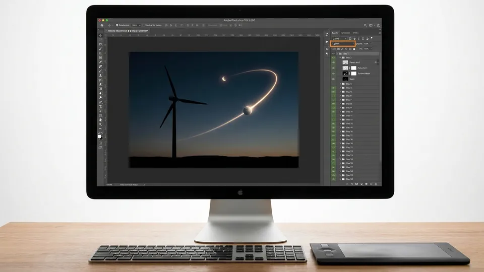 A highly detailed Photoshop interface mockup showing dozens of layers neatly organized into folders labeled 'Day 1' through 'Day 30', with a blending mode set to Lighten. The canvas shows a stunning multi-day arc of two planets over a dark silhouette of a wind turbine.
