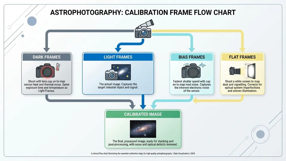 A clinical flow chart showing the 4 types of calibration frames in astrophotography. Nodes include: LIGHT FRAMES (The actual image), DARK FRAMES (Shoot with lens cap on to map sensor heat), BIAS FRAMES (Fastest shutter speed with cap on to map read noise), and FLAT FRAMES (Shoot a white screen to map dust and vignetting).